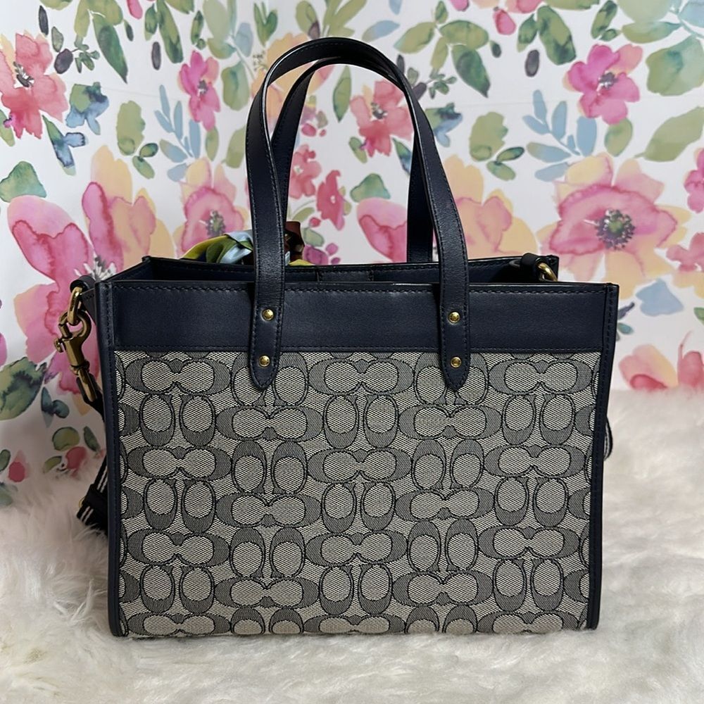 Coach Signature Jacquard Field Tote 30 Navy Blue Crossbody Bag - Picture 11 of 17